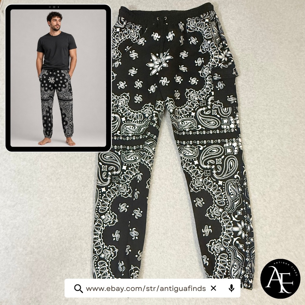 boohooMAN Black White Bandana Paisley Cargo Jogger Sweatpants Mens XL